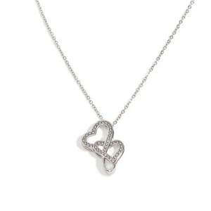 Silver Tone White Crystal Double Heart Sliding Pendant Necklace – 22.5 Inch E... - Picture 1 of 7
