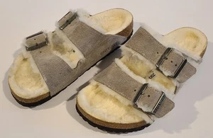 Birkenstock Arizona Shearling Lined Gray Suede Slide Sandals Women's EU 38/US 7 - Picture 1 of 14