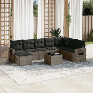 vidaXL 9 Piece Garden Sofa Set with Cushions Grey Poly Rattan - Picture 1 of 5