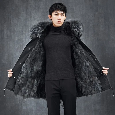 Mens Winter Long Winter Thick Fox Fur Lining Jacket Fox Fur Hooded Parka Jacket - Image 1 of 4