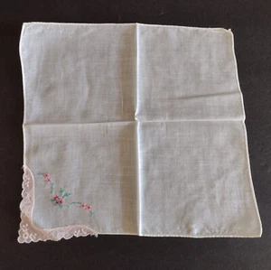 Vintage Hankie Hankerchief Cotton Embroidered Pink Green Floral Lace Corner - Picture 1 of 5