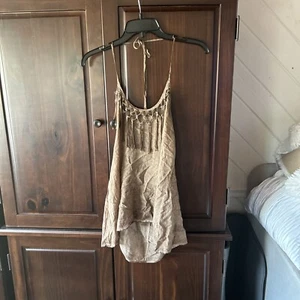 Party Khaki Halter Low Bank Fringe Tank Top S - Picture 1 of 7