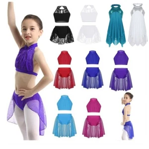 Girls Lyrical Ballet Dress Kids Gymnastics Outfit Latin Sequins Skirts Dancewear - Picture 1 of 56