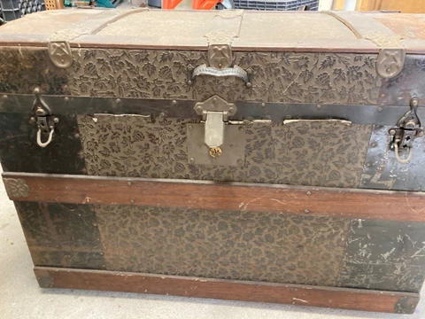 Antique steamer trunk, rounded top, pressed tin, c.1890.  Clinton Wall Trunk, MA Cover