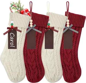 4 Pack 18" Large Cable Knit Christmas Stockings with Wooden Name Tags - Picture 1 of 7