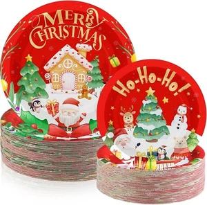 120 Piece Classic Christmas Tree Deer Snowman Santa Gingerbread Paper Plates - Picture 1 of 4