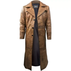 Men's Full Length Leather Duster Brown Coat Leather Trench Coat For Men - Picture 1 of 4