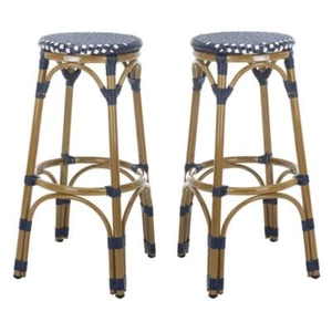 Home Square 20" Wicker Bar Stool in Navy and White - Set of 2 - Picture 1 of 8