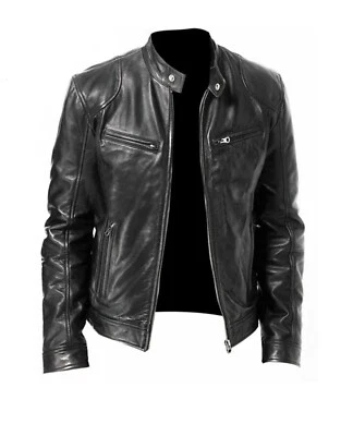 Men's Black Genuine Real Lambskin Leather Motorcycle Casual Biker Jacket - Image 1 of 3