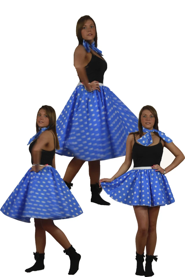 Blau weiß Fleck Rock'n'Roll Rock & Schal Set 1950er 1960er Jahre Kostüm