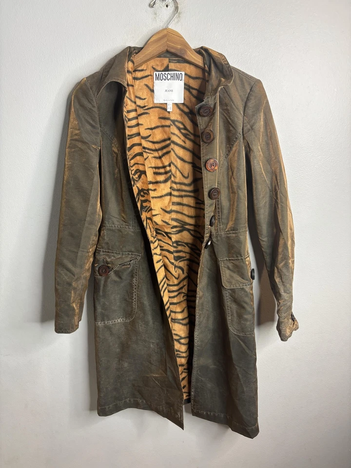 Moschino Jeans Coat Womens 4 Tiger Lined Brown Waxed Safari Trench Jacket Italy - Image 1 of 4