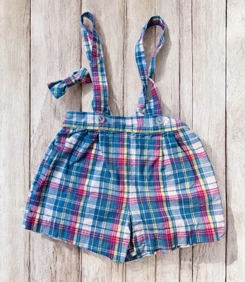 Vtg 80's Boys Plaid Overalls Shorts with Suspenders & Bow Tie Easter 24mo - Image 1 of 4