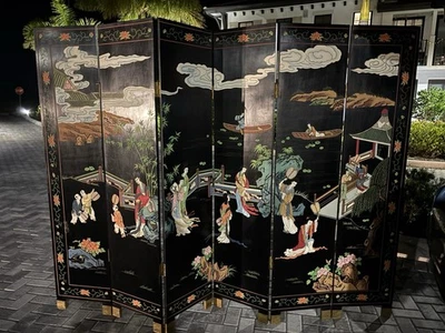 Antiguo Divisor Oriental 6 Paneles Negro Lacado Coromandel Pantalla Doble Cara Foto 1 de 4