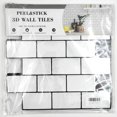 Glossy White w/Black Grout Peel and Stick Backsplash / Bathroom 10 Tiles 12"x12" - Image 1 of 4