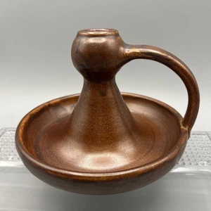 Pottery Brown Glazed Chamberstick Candle Holder 3” Tall / Modern Czech ? - Picture 1 of 5