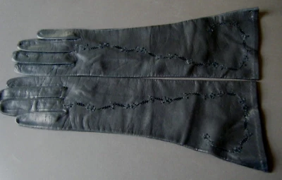 Guantes Antiguos ITALIANOS Negro Niño Cuero Talla 6.5 / 13.5" Largo H Floral Embr/ry Foto 1 de 4