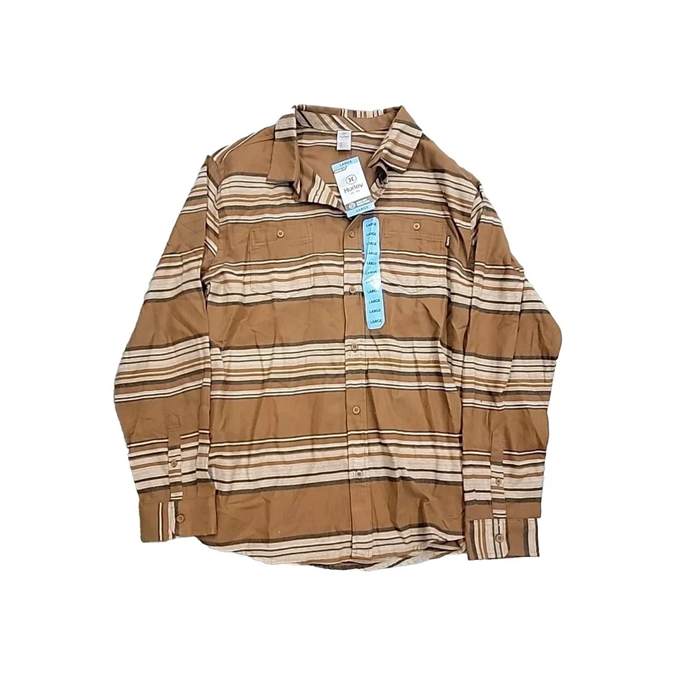 Hurley Men's Bronzed Striped Portland Button-Up Long-Sleeve Flannel Shirt SZ L