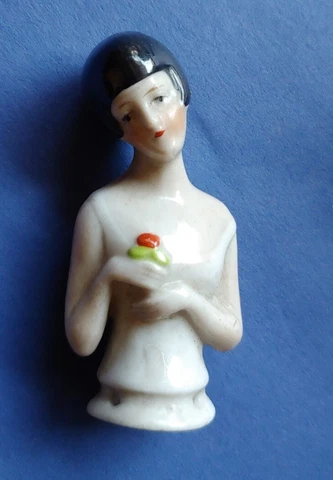 Antique Porcelain Bisque Art Nouvea Deco Flapper 2 1/2" Doll Pin Cushion Likenew Cover