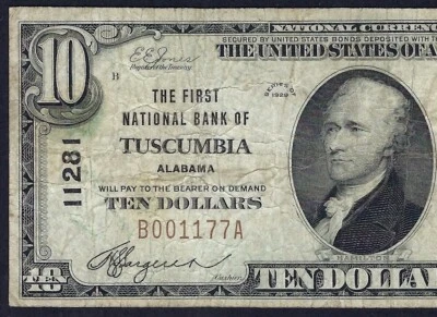🇺🇸 AL 1929 $10 ♚♚TUSCUMBIA, ALABAMA♚♚ PCGS FINE 12 VERY RARE!!! - Image 1 of 3