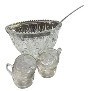 Vintage Glass Punch Bowl Set W/ 6 Matching Cups & Plastic Ladle For Parties Or E - Picture 1 of 7