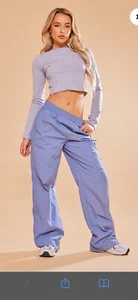 Pretty Little Thing Blue Parachute Shell Reflective Piping Track Pants Size 12 - Picture 1 of 6