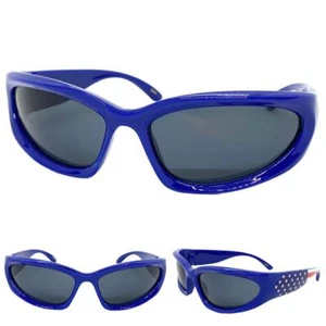 Motorcycle Biker Sporty Wrap Patriotic USA Flag SUN GLASSES Blue Frame Dark Lens - Picture 1 of 6