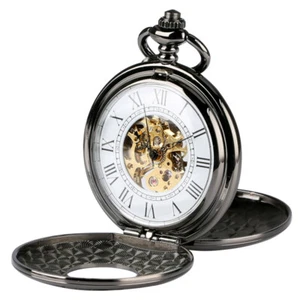 Lussuoso Orologio da taschino Nero Doppio Cacciatore Scheletro Meccanico Carica a Mano - Foto 1 di 8