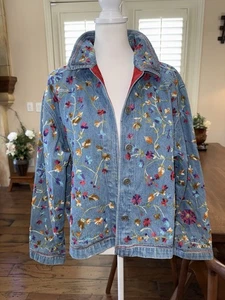 Vintage Chico’s Design Floral Embroidered Denim Jacket Size 3 Boho India - Picture 1 of 11