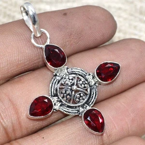 925 Silver Plated Decent Garnet Pendant Handmade Jewelry Size 1.8" AU Y135 - Bild 1 von 3