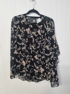 WITCHERY size 14 black floral round neck long frill sleeve chiffon sheer blouse - Picture 1 of 8