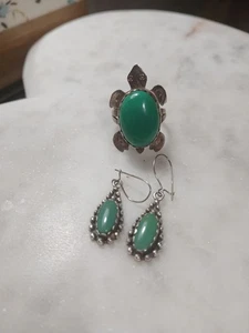Vintage Native Sterling Silver Green Turquoise Turtle Ring Size 7 + Earrings - Picture 1 of 6