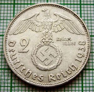 GERMANY THIRD REICH 1938 E 2 REICHSMARK HINDENBURG EAGLE Holding Swastika SILVER - Picture 1 of 6