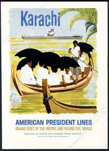 1957 Karachi Pakistán barco arte American President Lines viaje vintage anuncio impreso - Imagen 1 de 1