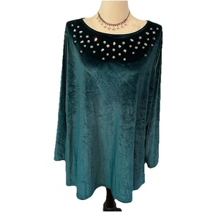 Quacker Factory Women’s Tunic 2X Green Sparkle Stretch Velvet Velour Embellished - Picture 1 of 9