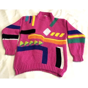One Step Up Knotted By Hand Abstract 80”s Pink Sweater Pullover Women’s Size M - Picture 1 of 6