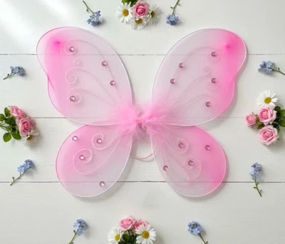PINK Butterfly Fairy Organza Nylon WINGS Glitter & Gemstones Choose Size - Image 1 of 2
