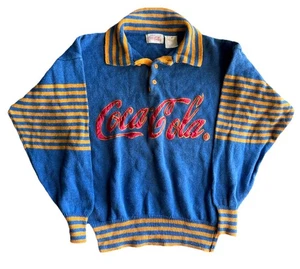 Vintage Coca Cola 1986 Rugby Sweater Size M Made in Korea Blue Yellow Stripe - Picture 1 of 8