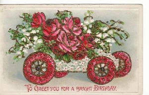 EMBOSSED,GLITTER CAR W/ FLOWERS-TO GREET YOU BIRTHDAY - Picture 1 of 2