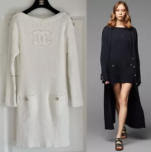 NWT 20P CHANEL WHITE RIBBED KNIT CC LOGO BUTTONS MINI DRESS LONG SLEEVE 34 - Picture 1 of 23
