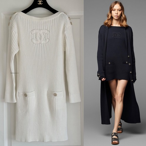 MINI ABITO NUOVO CON ETICHETTE 20P CHANEL BIANCO MAGLIA A COSTINE LOGO CC BOTTONI MANICA LUNGA 34