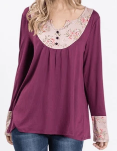 Doublju Contrast Yoke Button Detailed Long Sleeve Top Soft Breathable Size XL - Picture 1 of 4