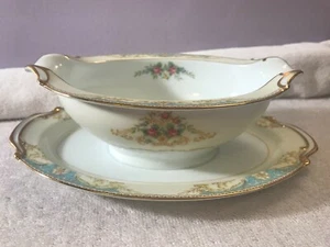 Noritake M Vintage Gravy Boat Attached Underplate Pink Flowers Turquoise designs - Picture 1 of 11