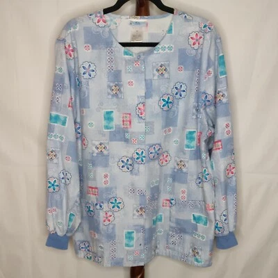 SB Scrubs women's L scrub top multicolor crew neck snap up long sleeves pockets - Image 1 of 4