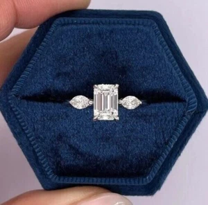 1 Ct Emerald Cut 3 Stone Real Moissanite Engagement Ring 14K Yellow Gold Plated - Picture 1 of 6