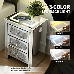 Mirrored Adjustable LED Light Nightstand End Table W/Charging Station,USB,Drawer - Picture 1 of 16