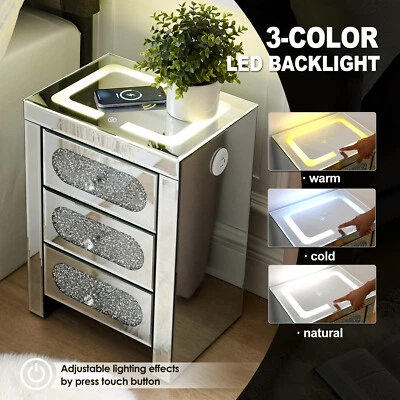 Mirrored Nightstand End Table Wireless Charging Station,LED Lights,USB,3-Drawers - Image 1 of 4