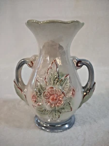 Vintage Lustreware Vase Made In Brazil #420 Floral Pink Blue Leaf Handles 5” - Picture 1 of 9