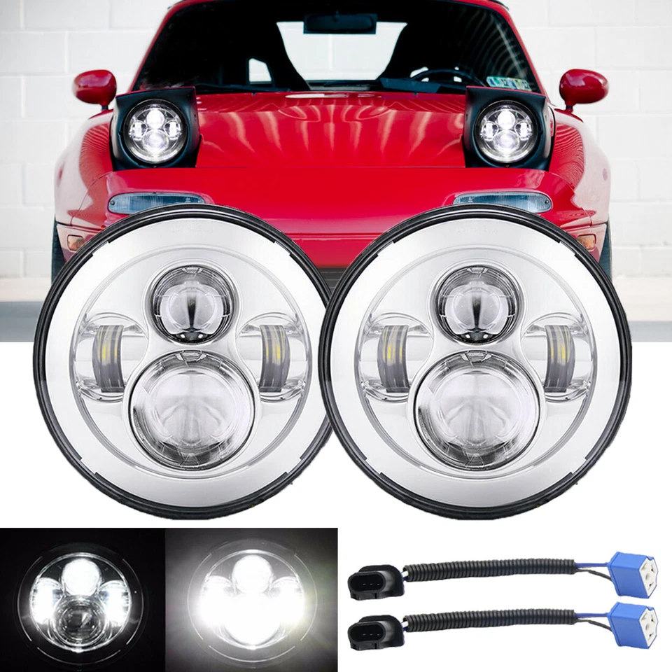 Pair 7" inch Round LED Hi/Lo Beam Headlights Chrome for Mazida Miata RX7 MX5 - Image 1 of 4
