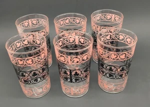 Vintage Set of 6 Anchor Hocking Drinking Glasses Clear with Pink & Black - Picture 1 of 8