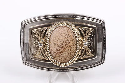 SLVR Y HEBILLA DE CINTURÓN TONO DORADO CON PIEZA DE CERÁMICA TOSTADA MOTEADA EN VIN CENTRAL.  1279 Foto 1 de 2